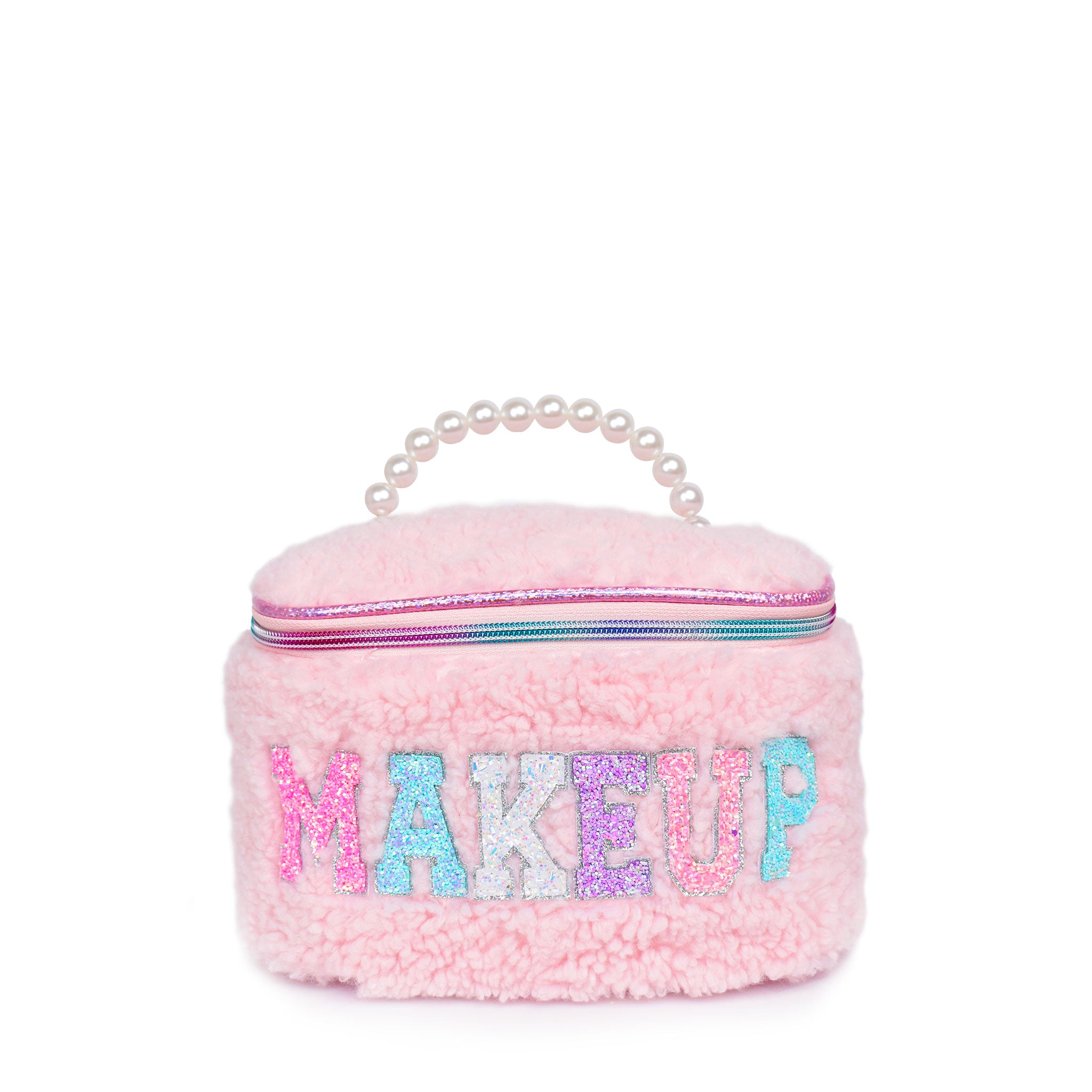 front view of a sherpa pearl handle glam bag with varsity lettering 'makeup'