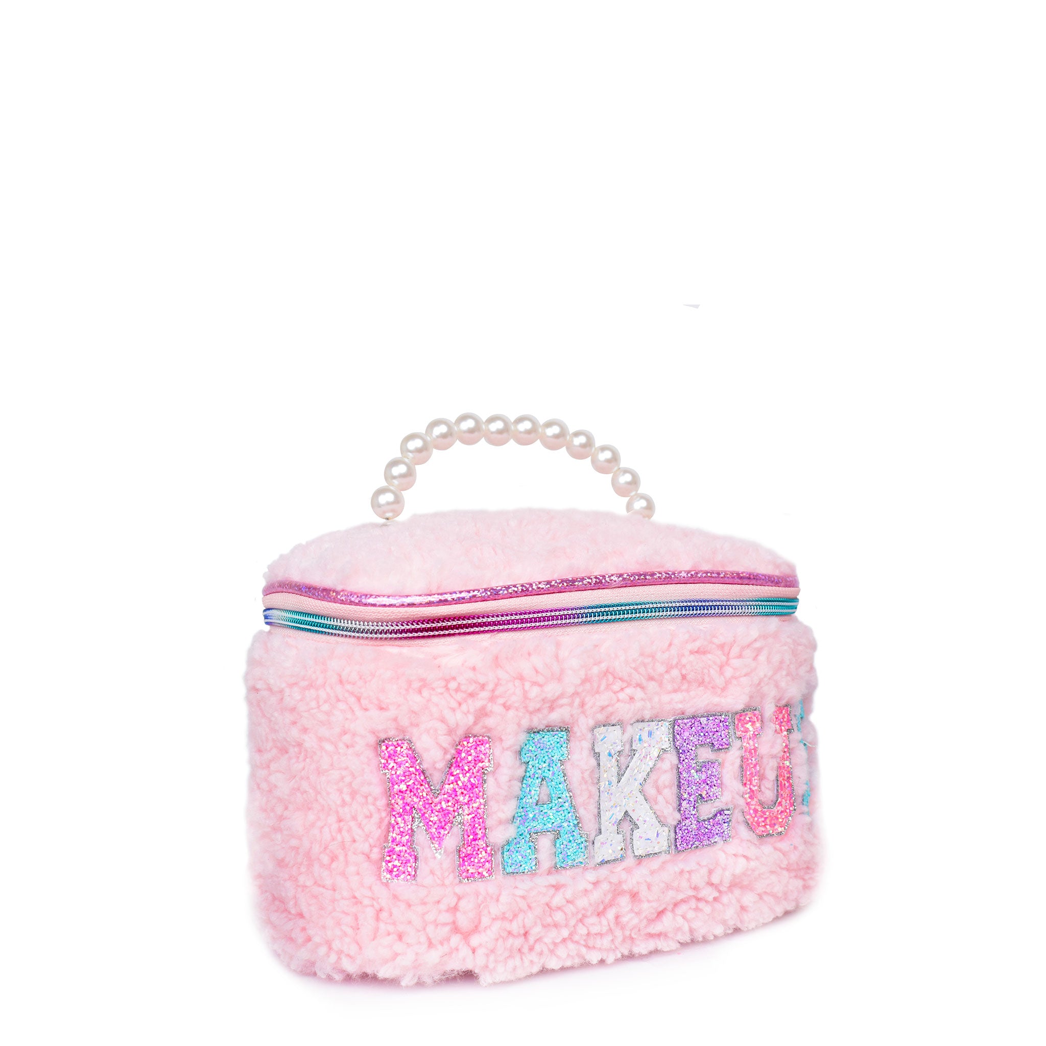 side  view of a sherpa pearl handle glam bag with varsity lettering 'makeup'