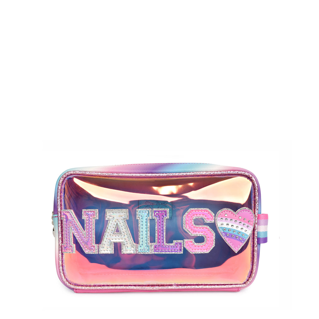 Front view of a clear glazed pouch with metallic varsity letters 'NAILS' and striped heart patch