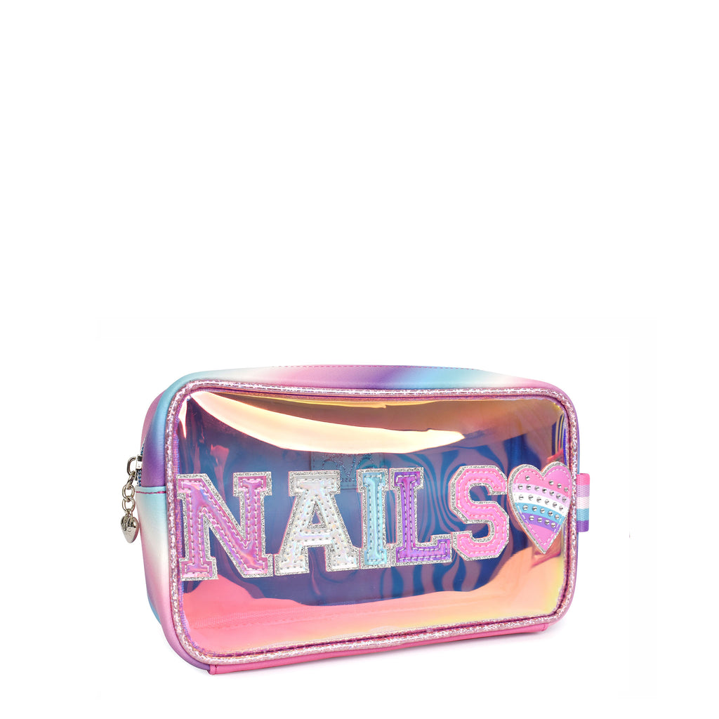 Side view of a clear glazed pouch with metallic varsity letters 'NAILS' and striped heart patch