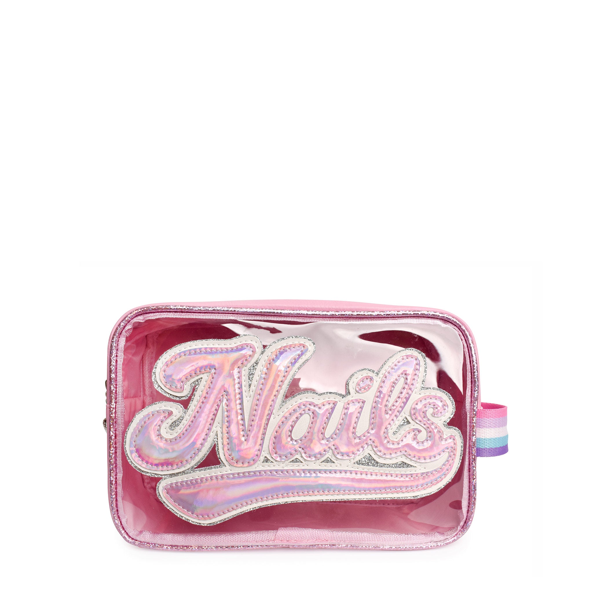 Front view of pink clear pouch with pink metallic scripted varsity letters 'NAILS'