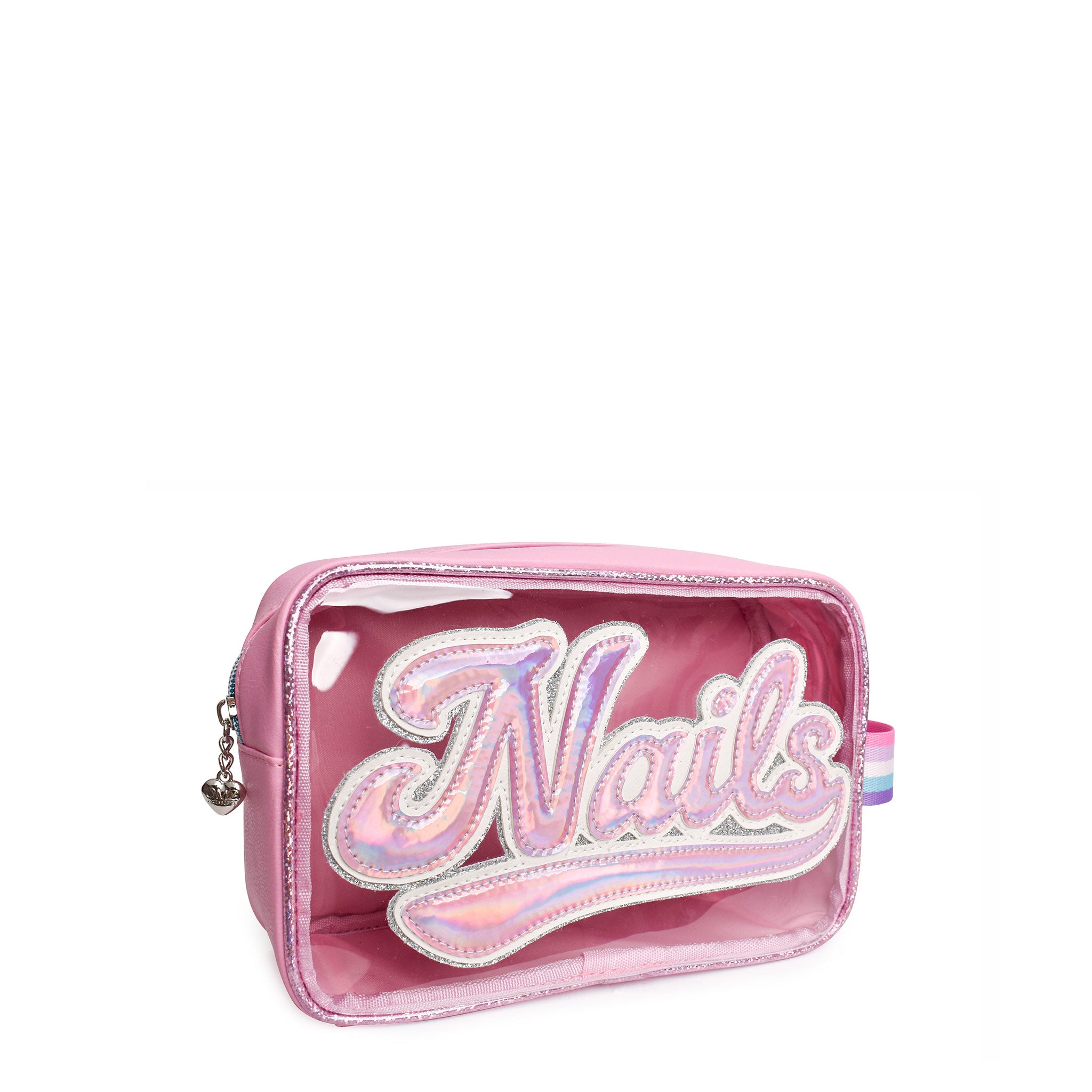 Side view of pink clear pouch with pink metallic scripted varsity letters 'NAIL