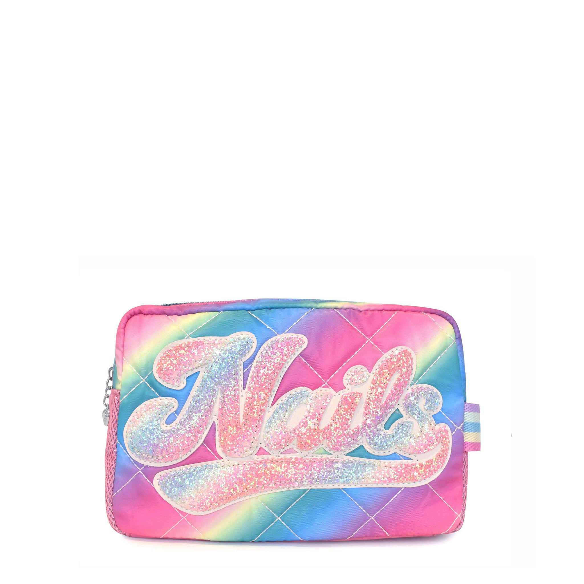 Front view of a rainbow ombre quilted pouch with glitter retro-inspired script 'NAILS' applique