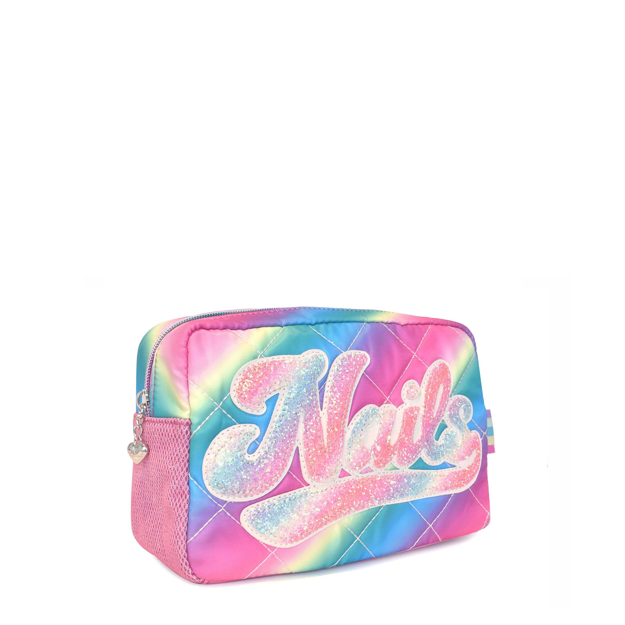 Side view of a rainbow ombre quilted pouch with glitter retro-inspired script 'NAILS' applique