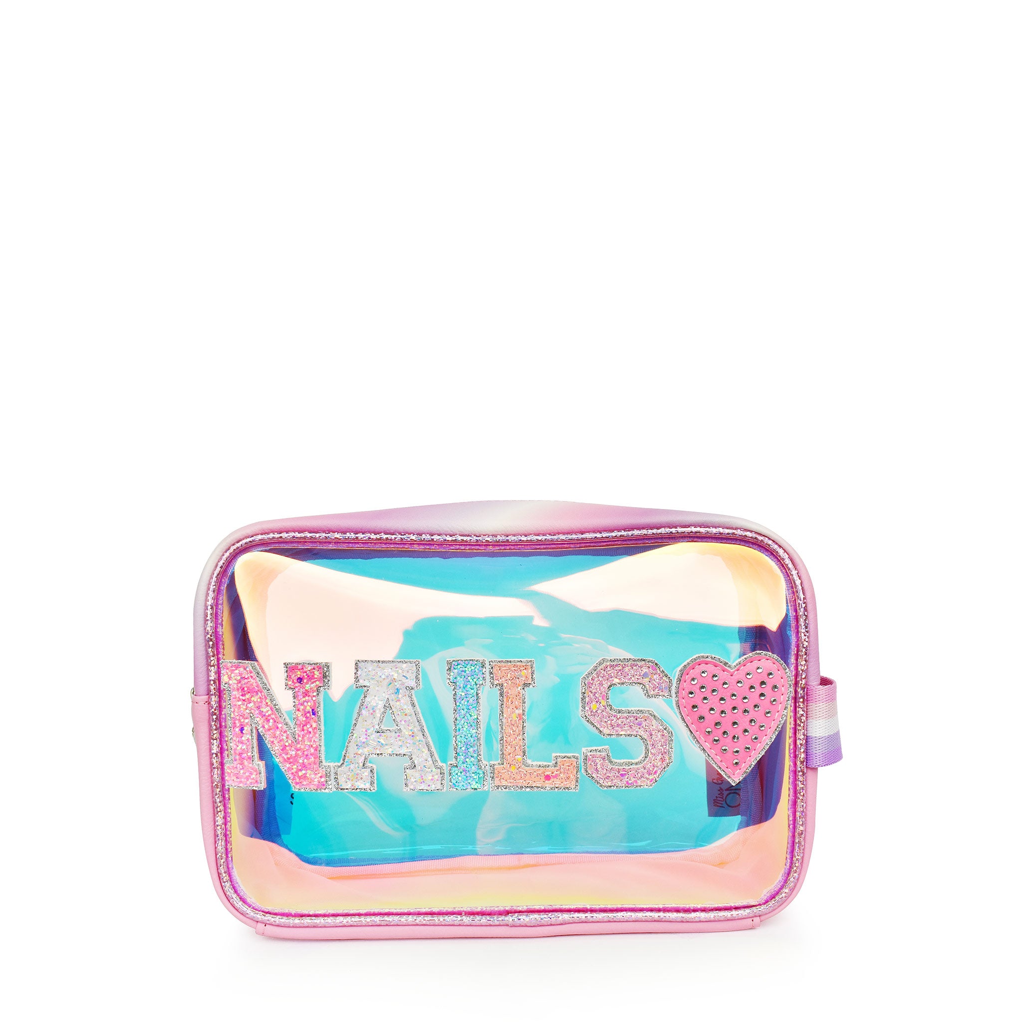 front view of a glazed clear pouch with varsity lettering 'nails' with a rhinestone heart patch