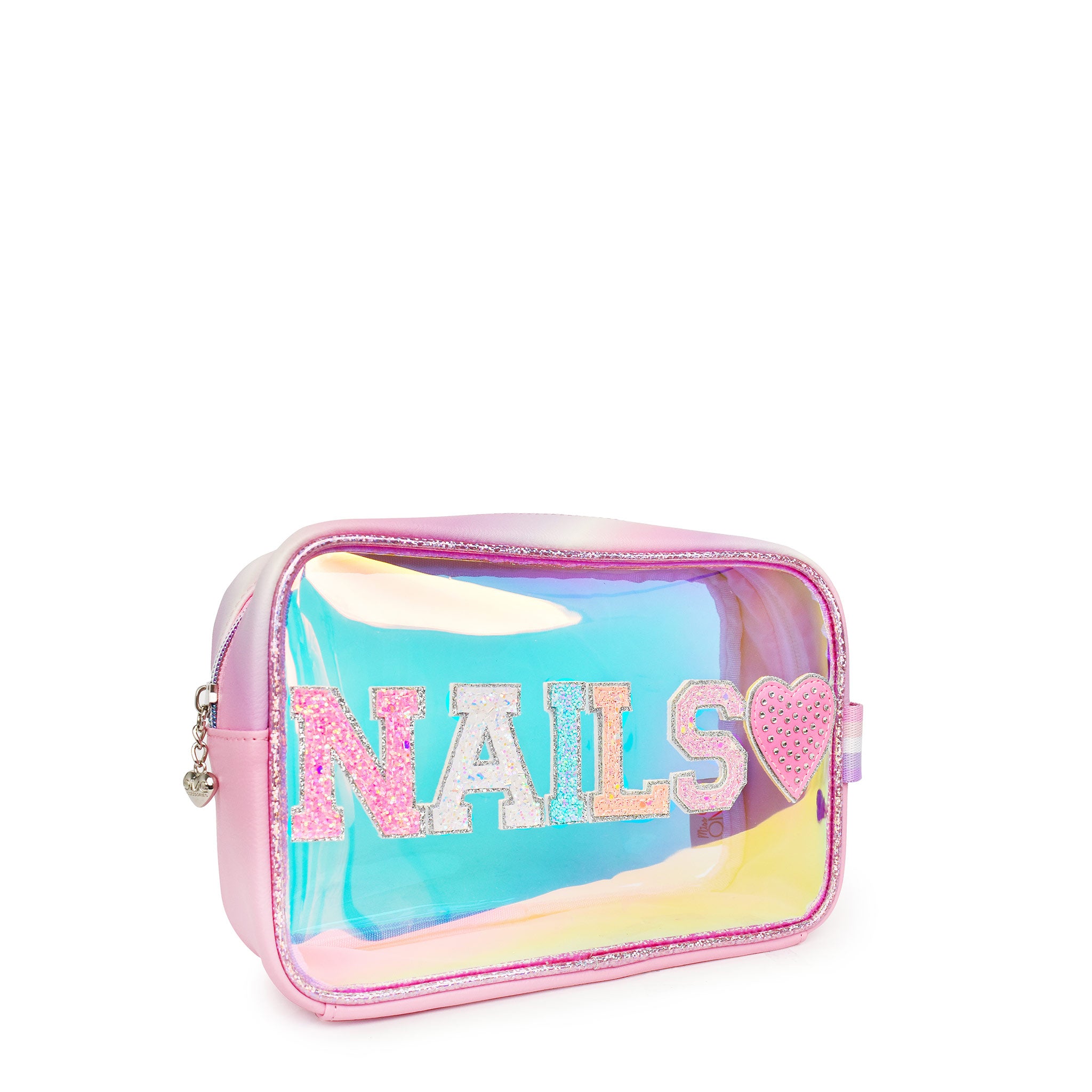 side view of a glazed clear pouch with varsity lettering 'nails' with a rhinestone heart patch