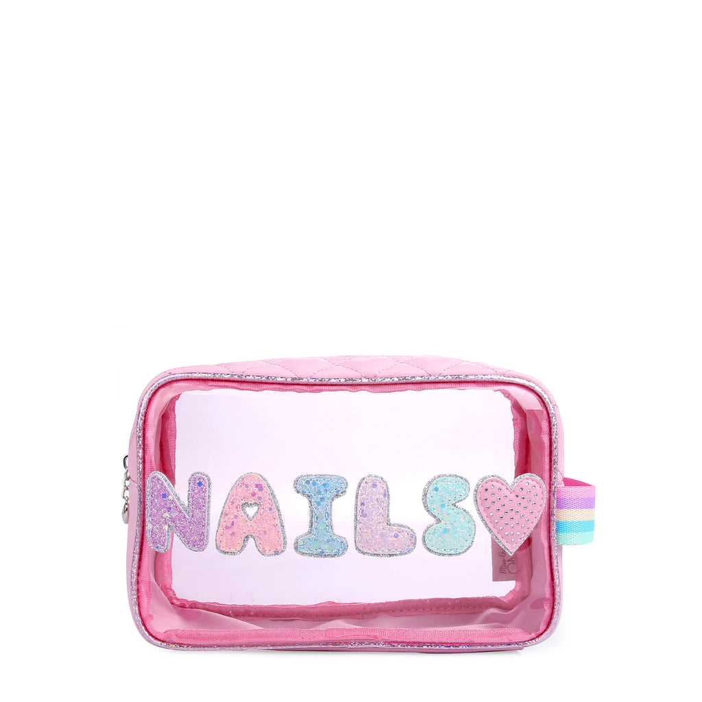 Front view of light pink toned clear pouch with glitter bubble letter 'NAILS' and heart appliqués