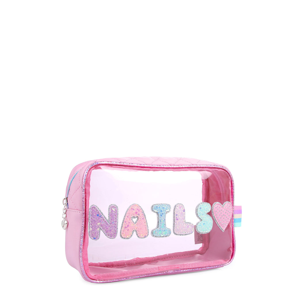 Side view of light pink toned clear pouch with glitter bubble letter 'NAILS' and heart appliqués