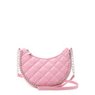 front view of a quilted crescent shaped crossbody bag with a chain embellishment