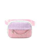 front view of a color block tweed fanny pack with a chain zippered front pocker