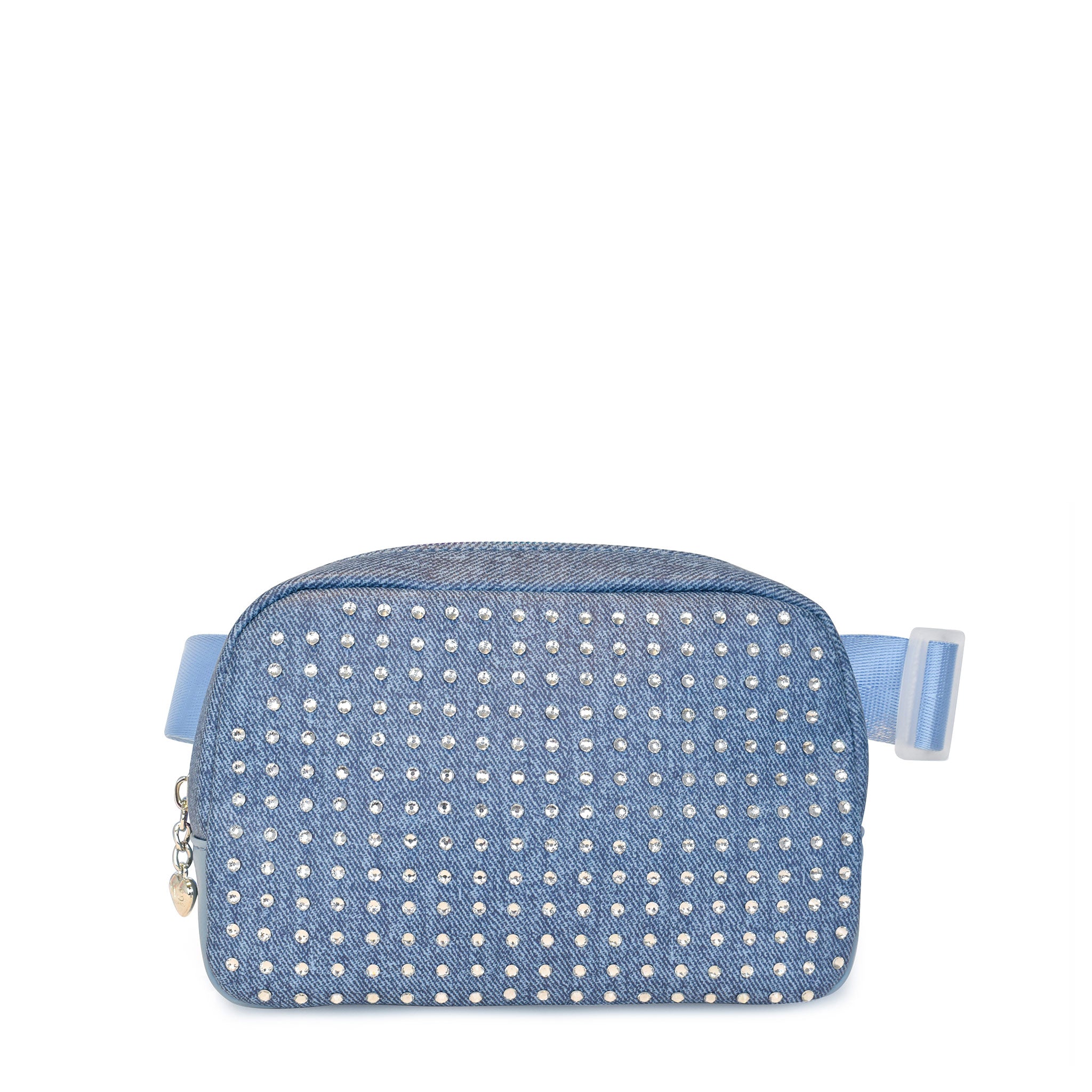 Front view of a rhinestone covered denim fanny pack with a light blue adjustable belt