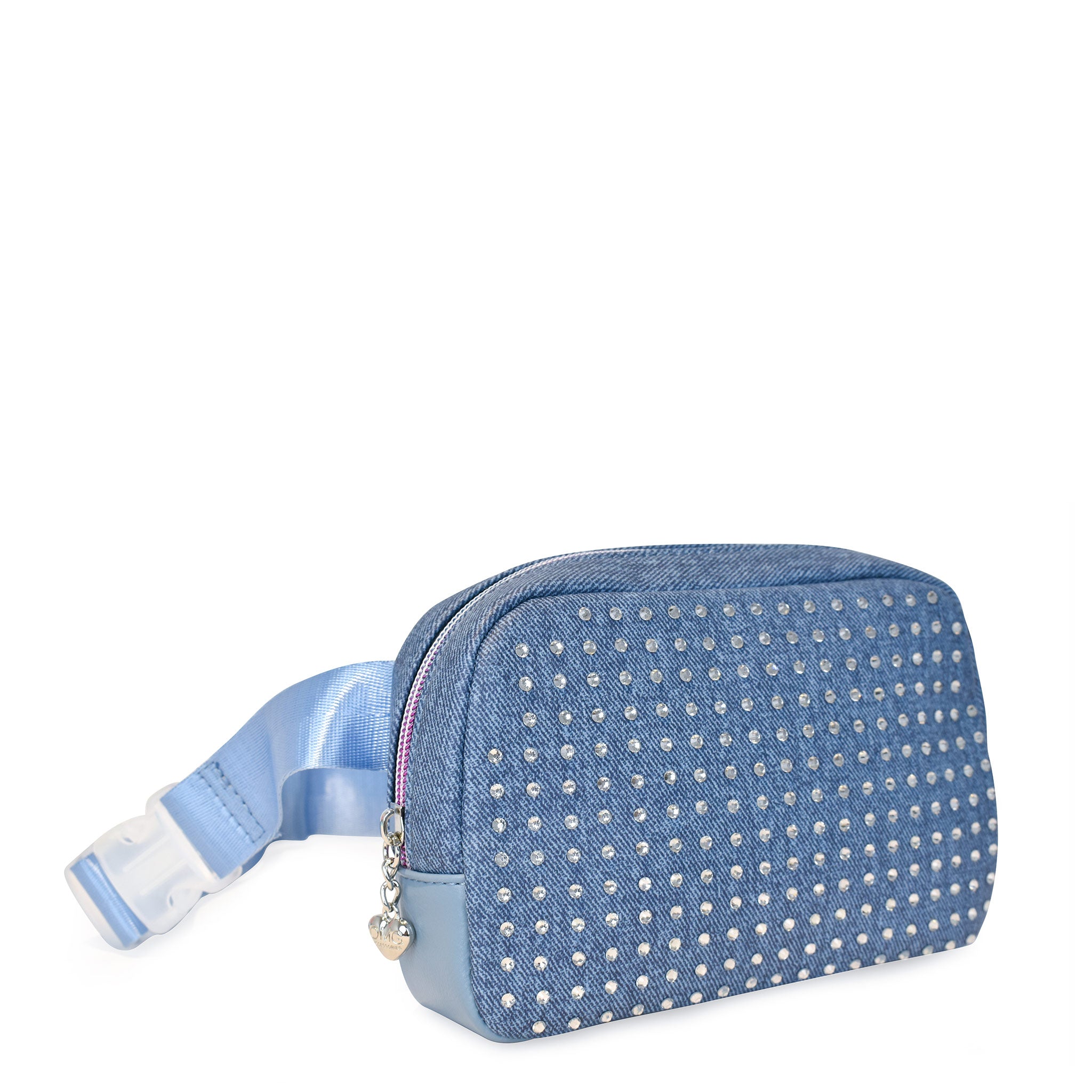 Side  view of a rhinestone covered denim fanny pack with a light blue adjustable belt