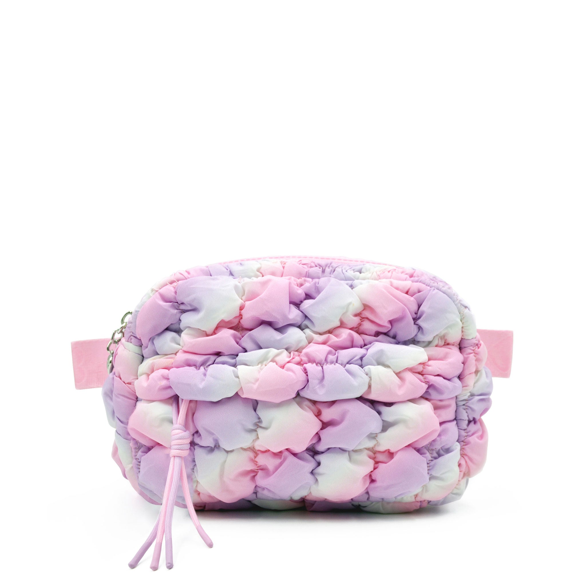 front view of a nylon quilted fanny pack in an ombre with a sports zipper pull