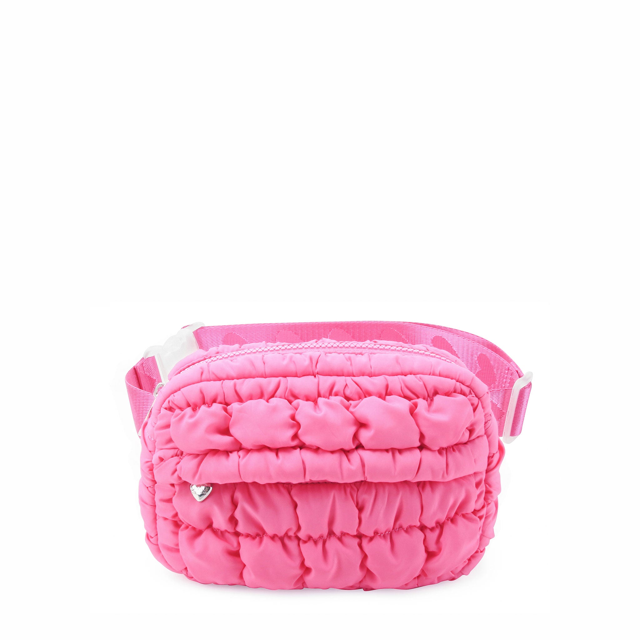 front view of a hot pink quilted scrunch fanny pack with front zipper pocket