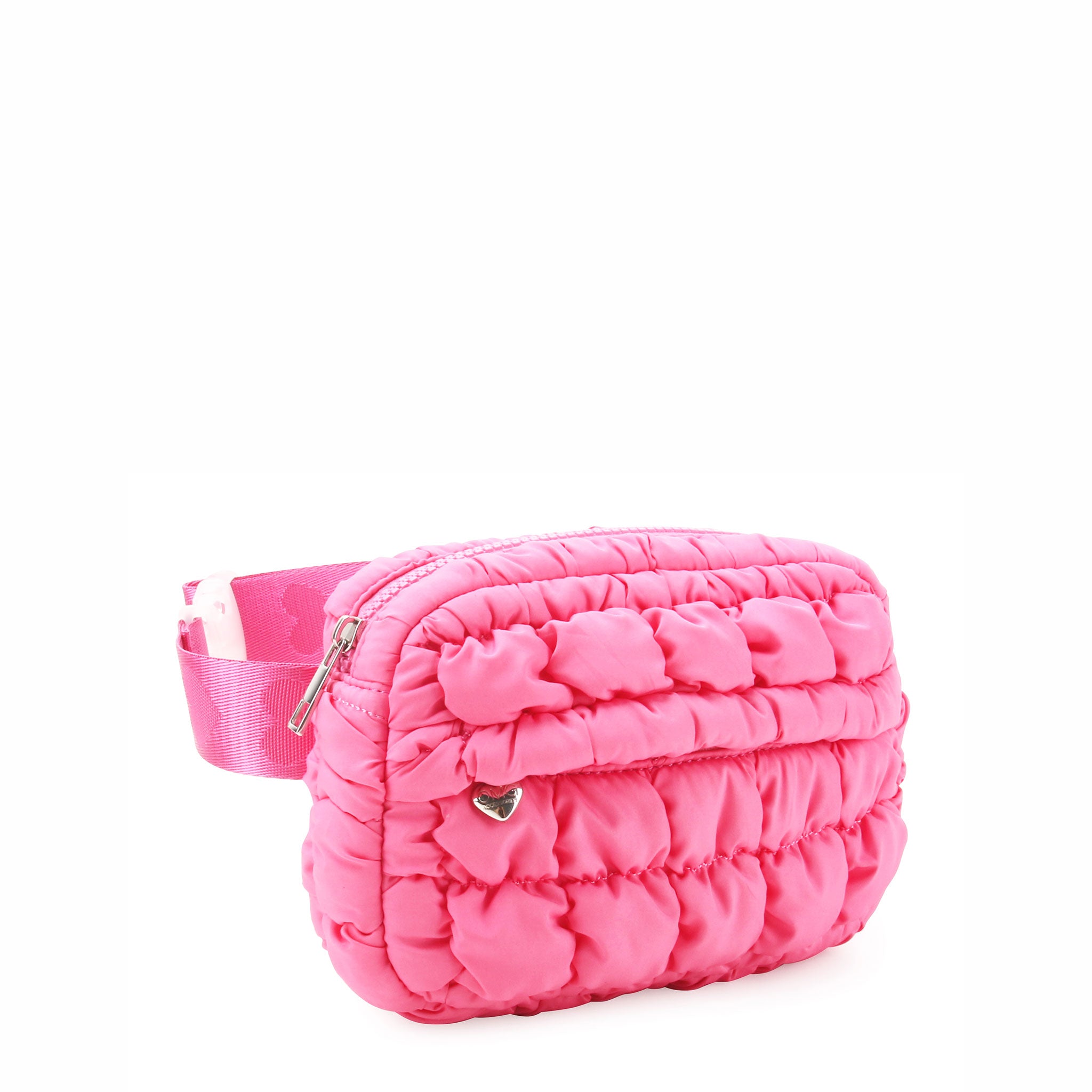 side  view of a hot pink quilted scrunch fanny pack with front zipper pocket
