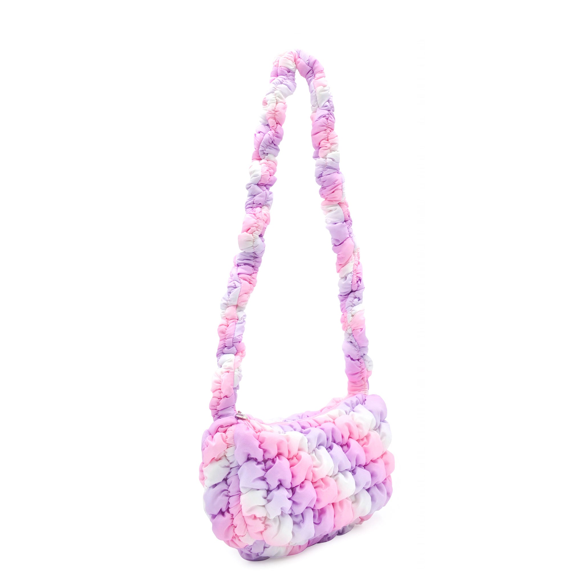 side view of an ombre long handle nylon quilted crossbody bag 
