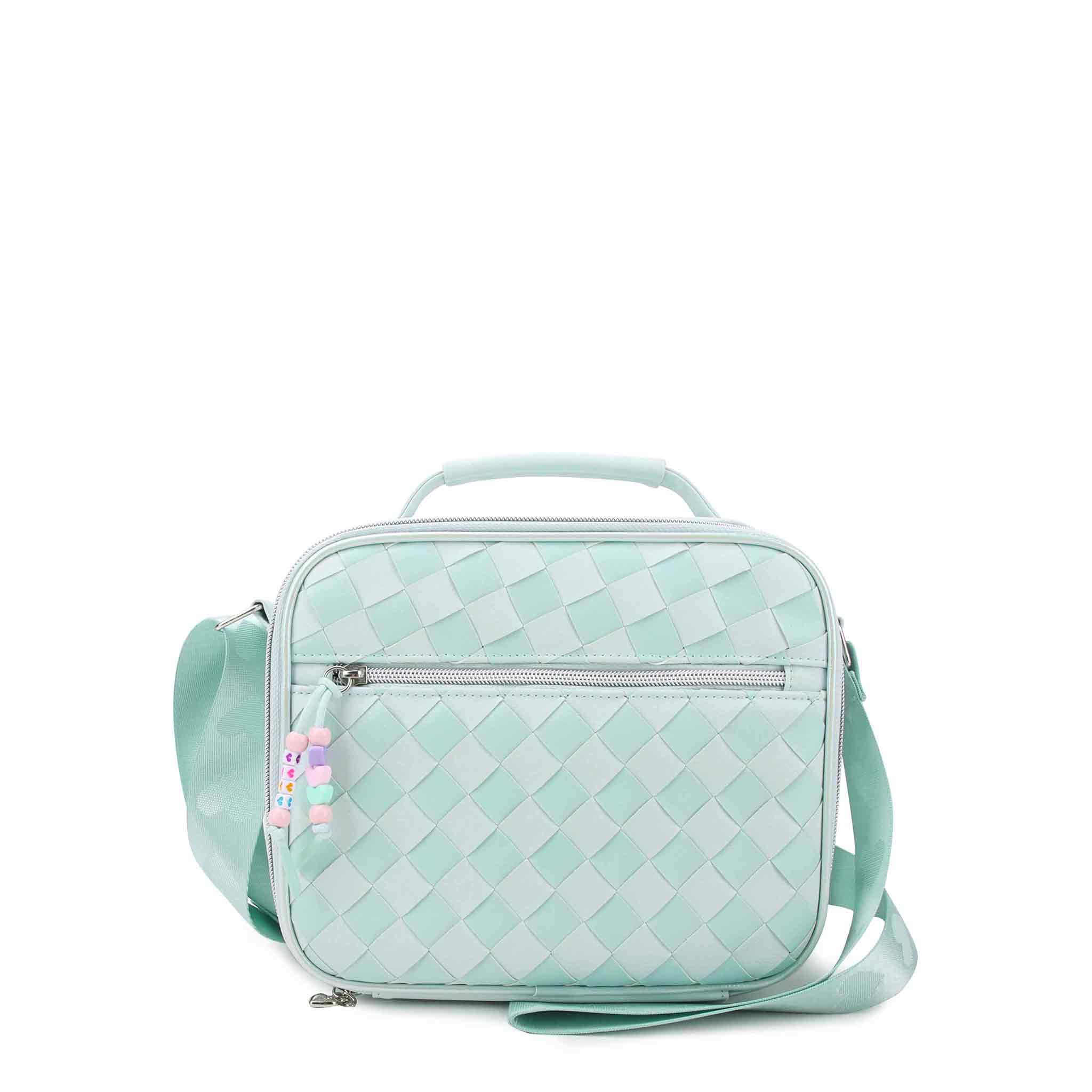 front view of an aqua woven lunch bag with and adjustable shoulder strap & beaded zipper pull