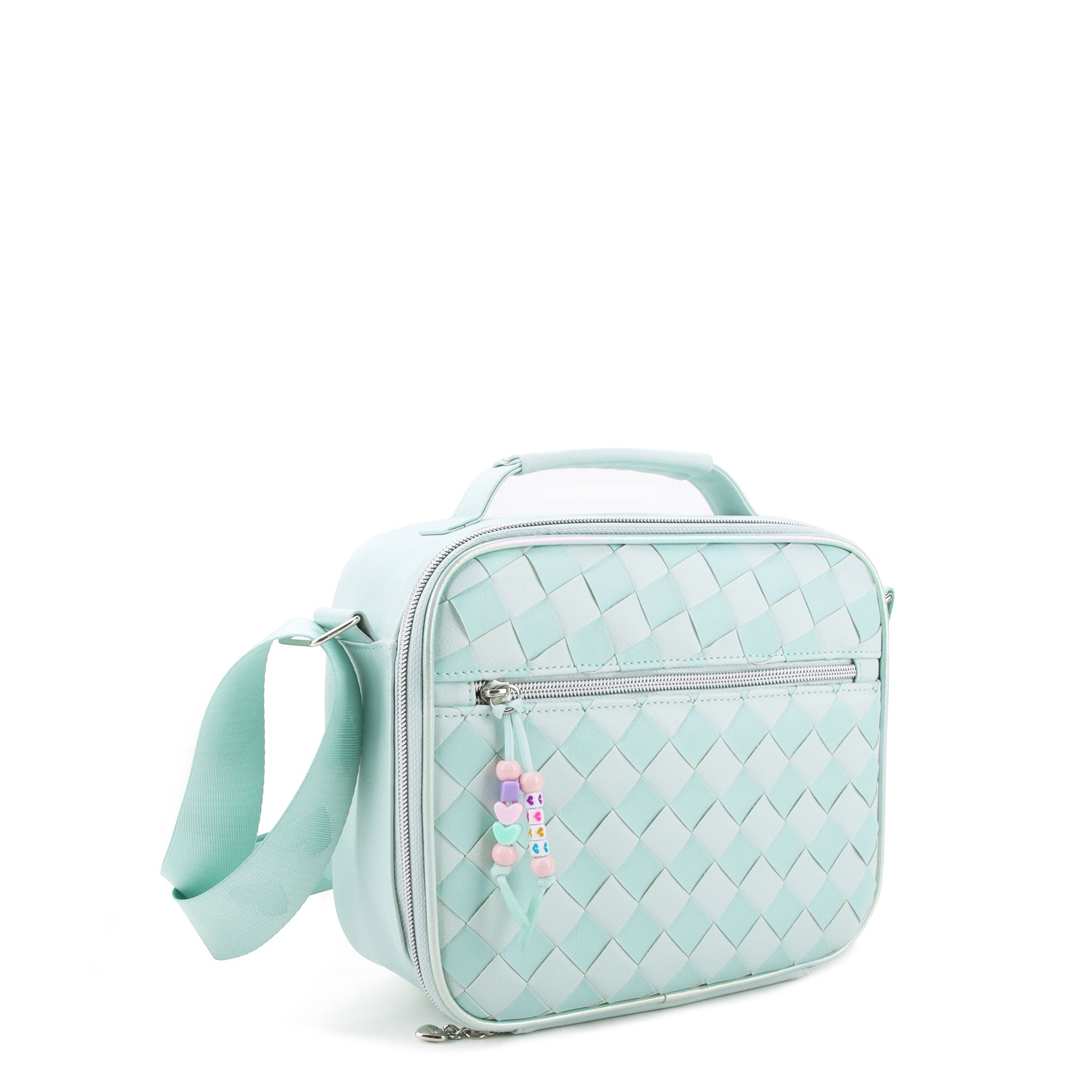 side view of an aqua woven lunch bag with and adjustable shoulder strap & beaded zipper pull