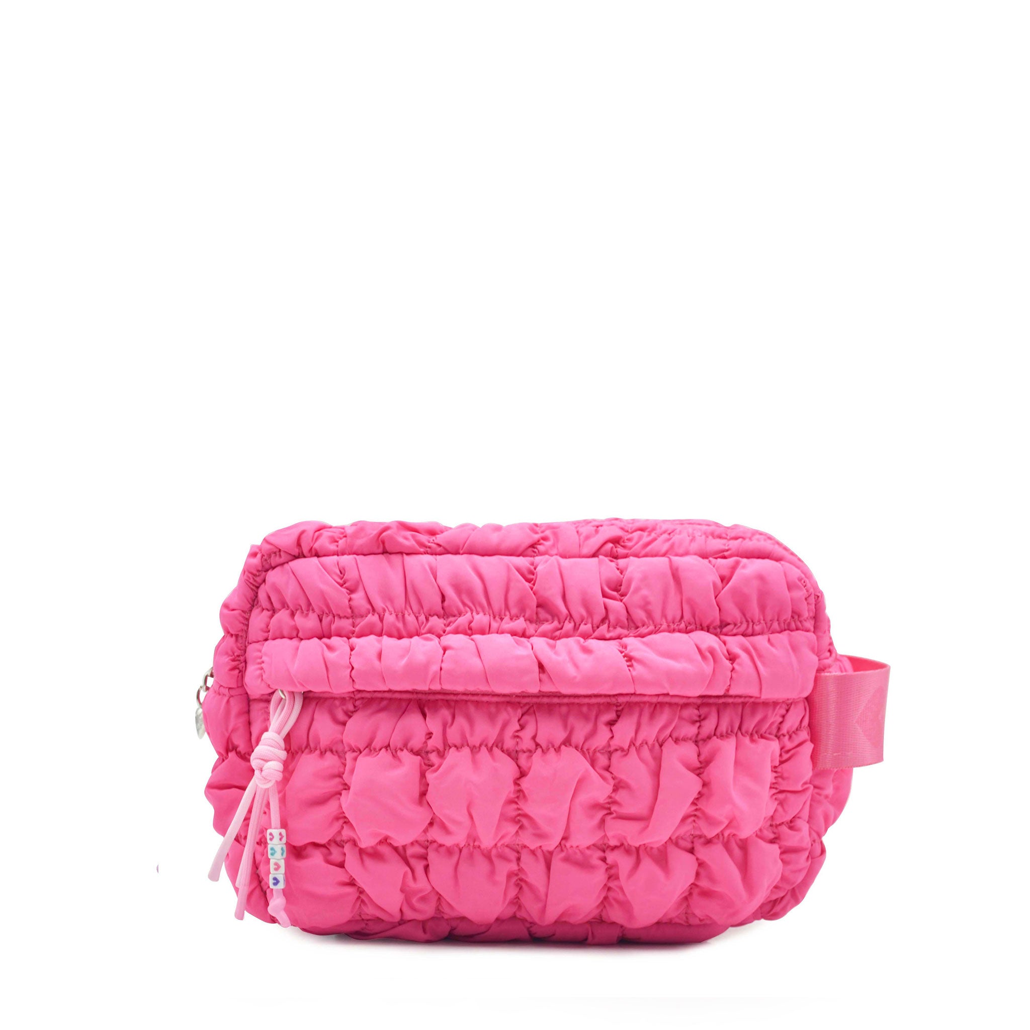 Front view of a hot pink quilted puffer pouch