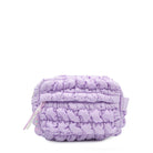 front view of a nylon quilted lavender pouch with a beaded sport zipper pull