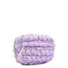 side view of a nylon quilted lavender pouch with a beaded sport zipper pull