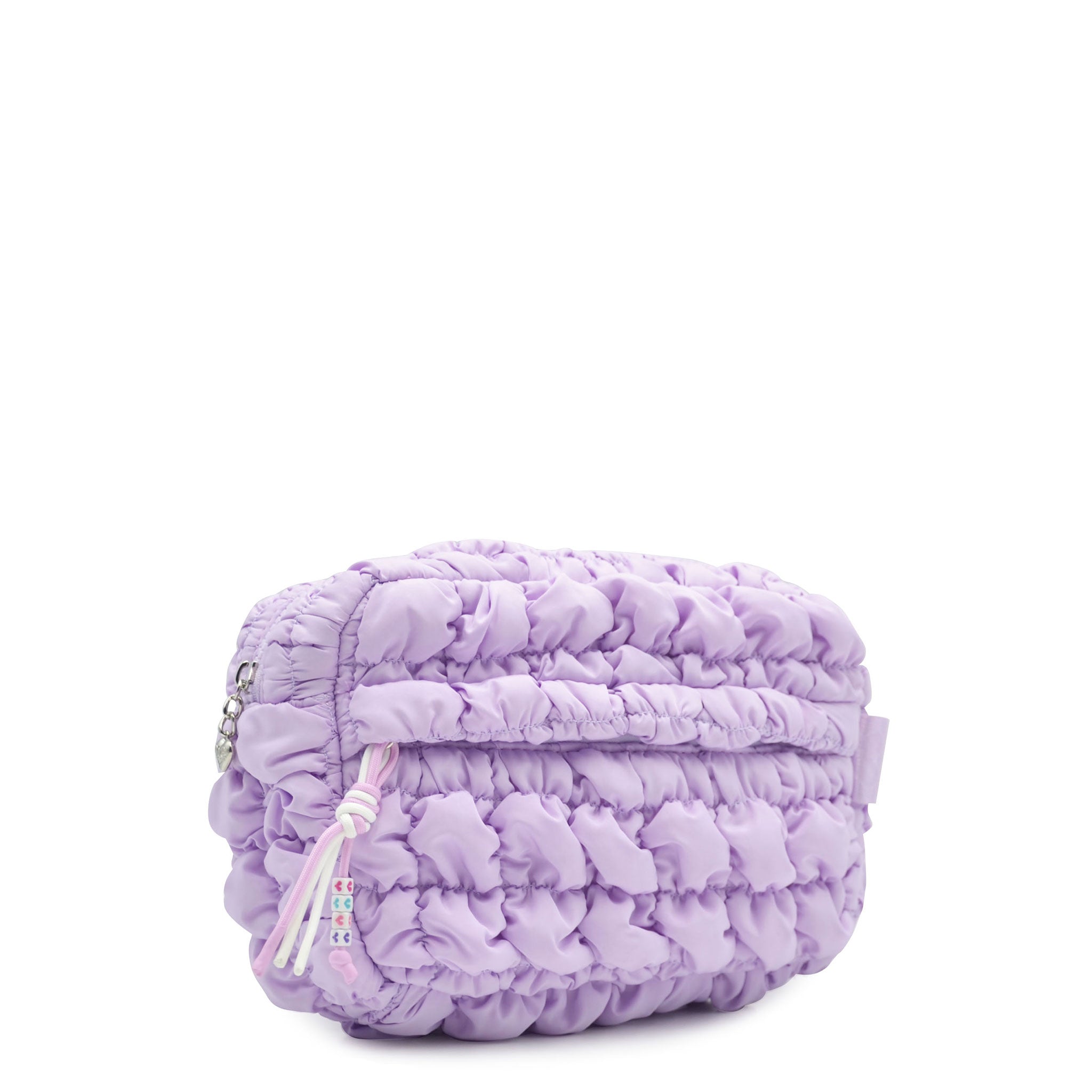 side view of a nylon quilted lavender pouch with a beaded sport zipper pull