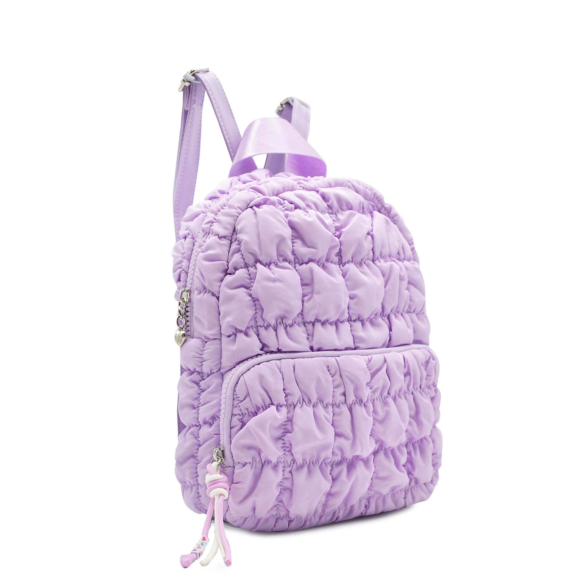 side view of a lavender quilted scrunch mini backpack