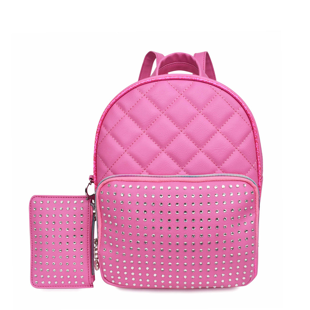 Front View of a Raspberry Colored Quilted Mini Backpack with a Rhinestone Front pouch and detachable rhinestone coin purse