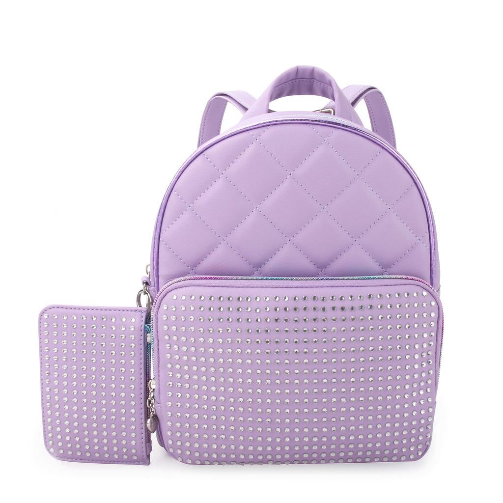 Front view of purple quilted mini backpack covered in rhinestones with rhinestone coin purse