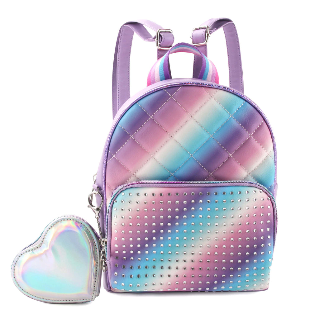 Front view of icy ombre rhinestone quilted mini backpack with iridescent heart-shaped coin purse
