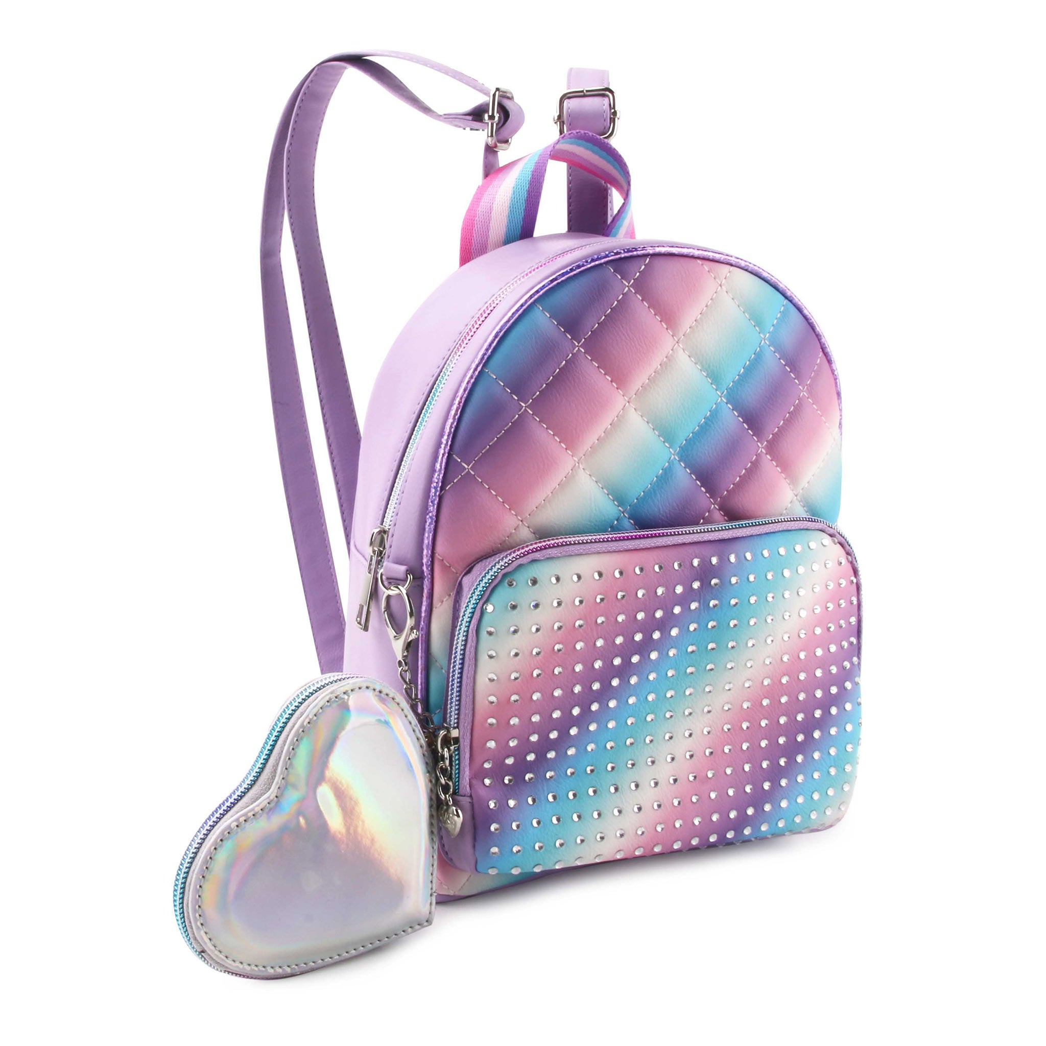 Side view of icy ombre rhinestone quilted mini backpack with iridescent heart-shaped coin purse
