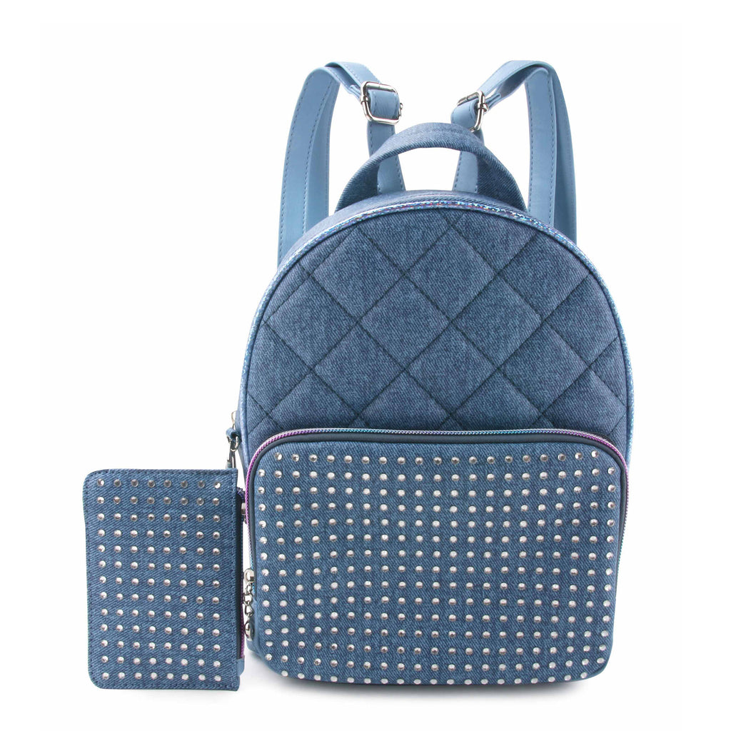 Front view of a denim quilted mini backpack with a rhinestone covered pocket and coin purse