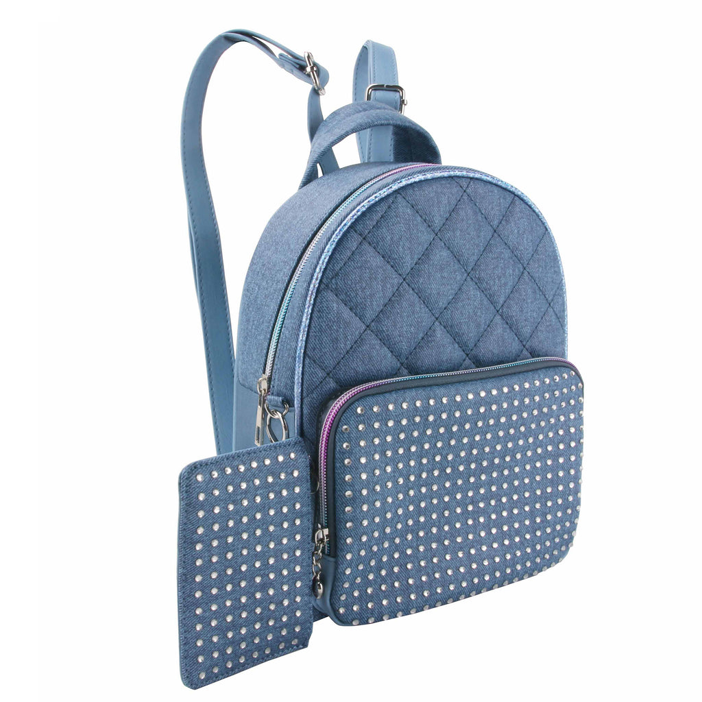 Side  view of a denim quilted mini backpack with a rhinestone covered pocket and coin purse