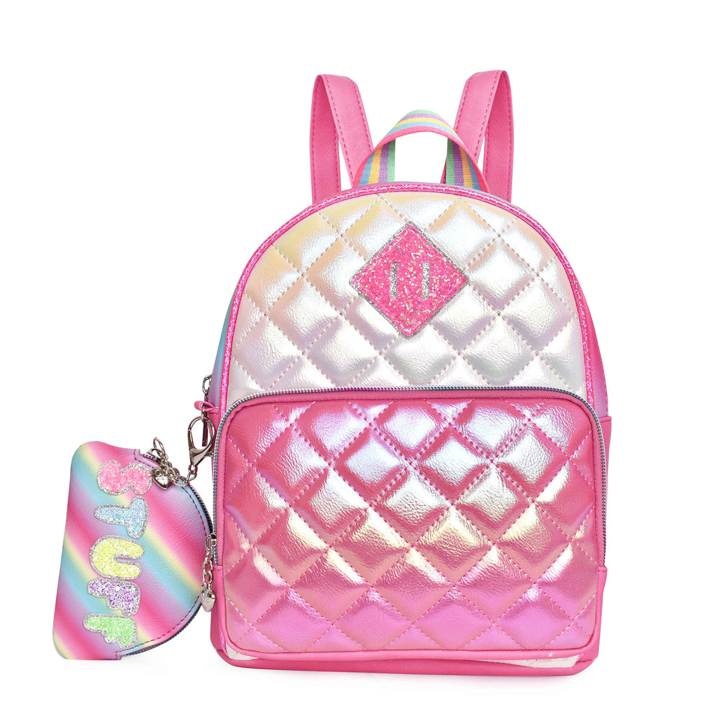 Front view of a metallic quilted pink mini backpack with a rainbow ombre 'STUFF' coin purse keychain