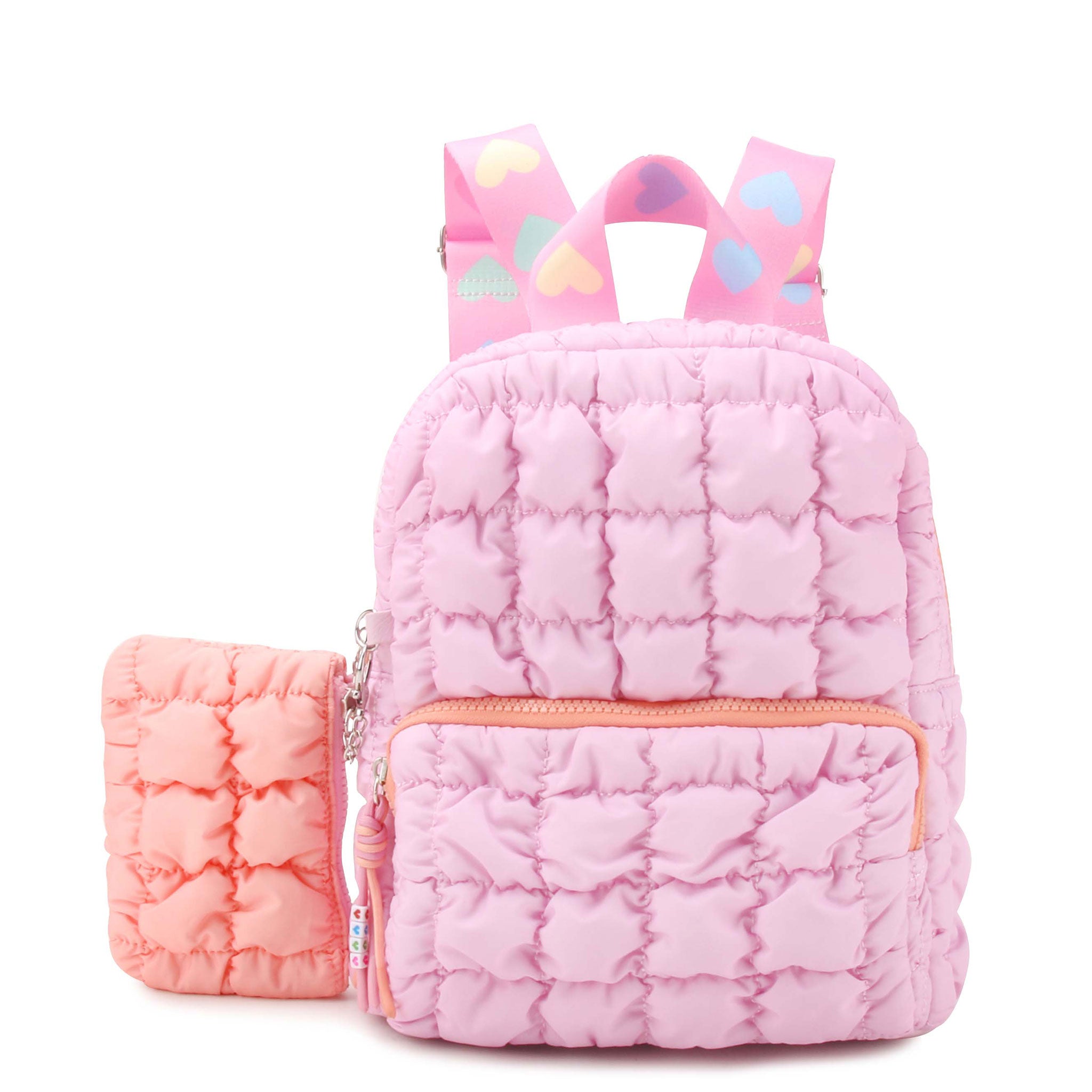 front facing view of a pink nylon quilted mini backpack with orange zipper closure front pocket and orange coin purse