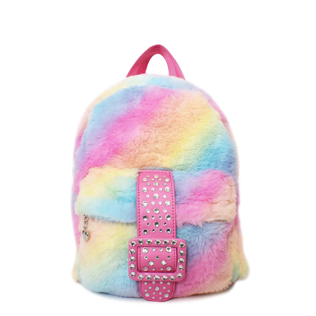 Front View of an Ombre Plush Mini Backpack with a Rhinestone Buckle Front Pouch