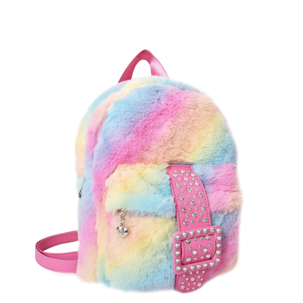 Side View of an Ombre Plush Mini Backpack with a Rhinestone Buckle Front Pouch