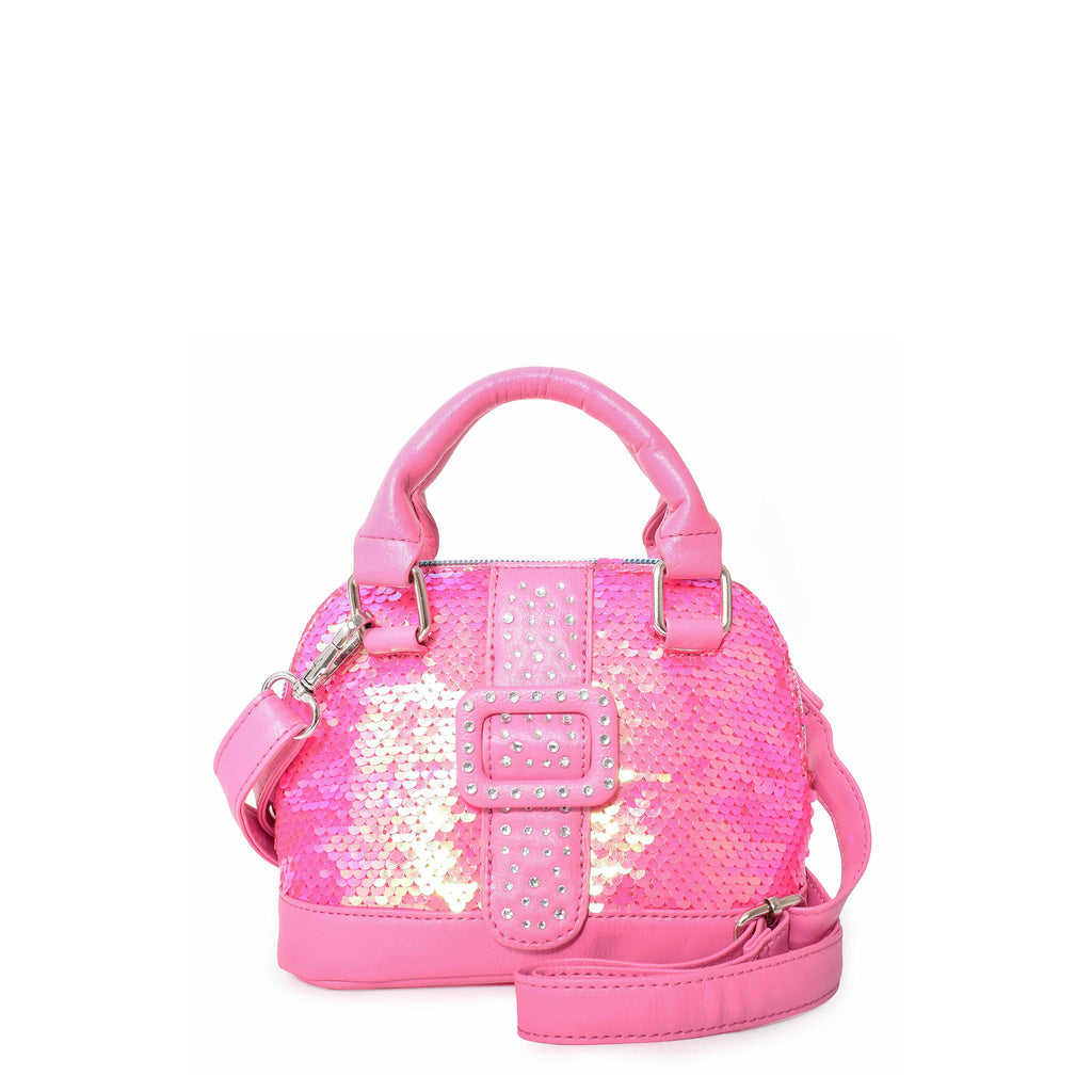 Front view of a fuchsia sequins mini bowling bag with a rhinestone buckle