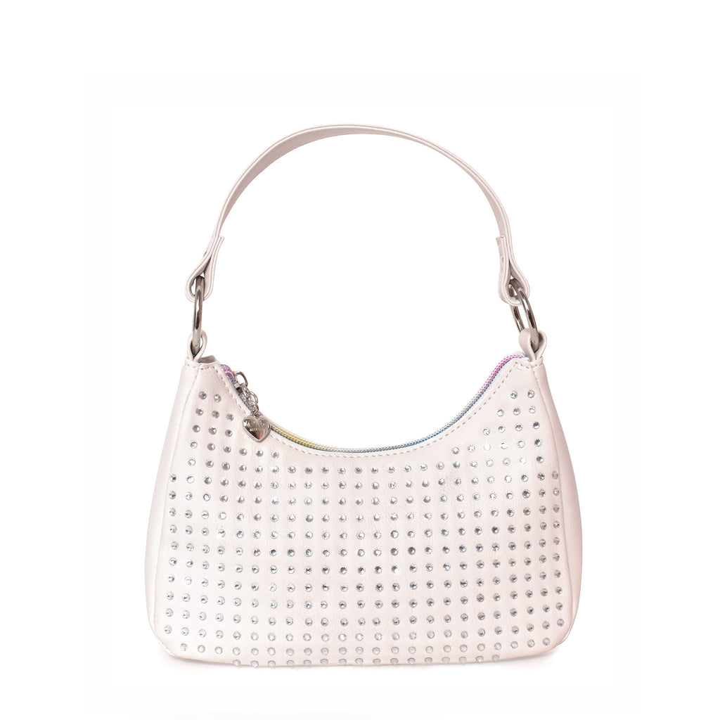 Front view of white mini hobo covered in rhinestones