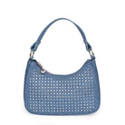 Front view of a denim mini hobo bag covered in rhinestones