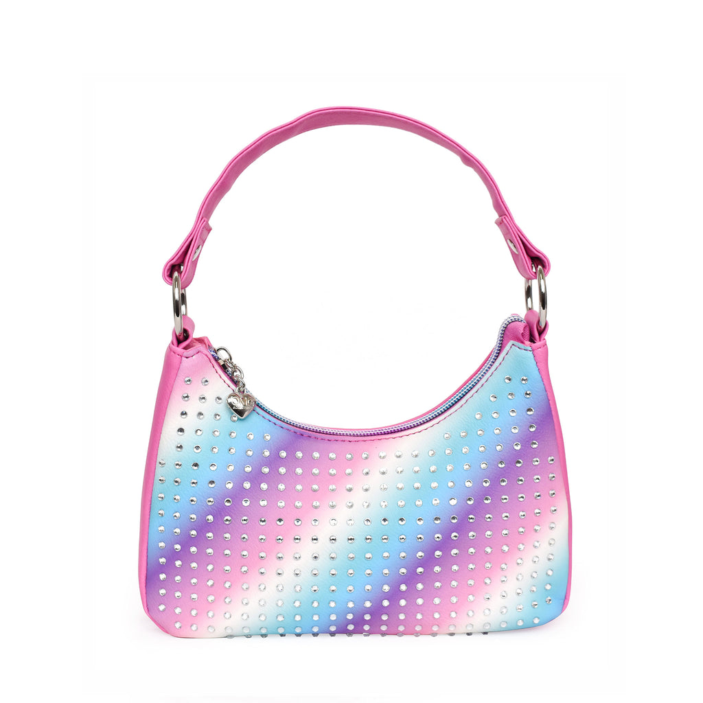 Front view of multi ombre striped mini hobo bag covered in rhinestones