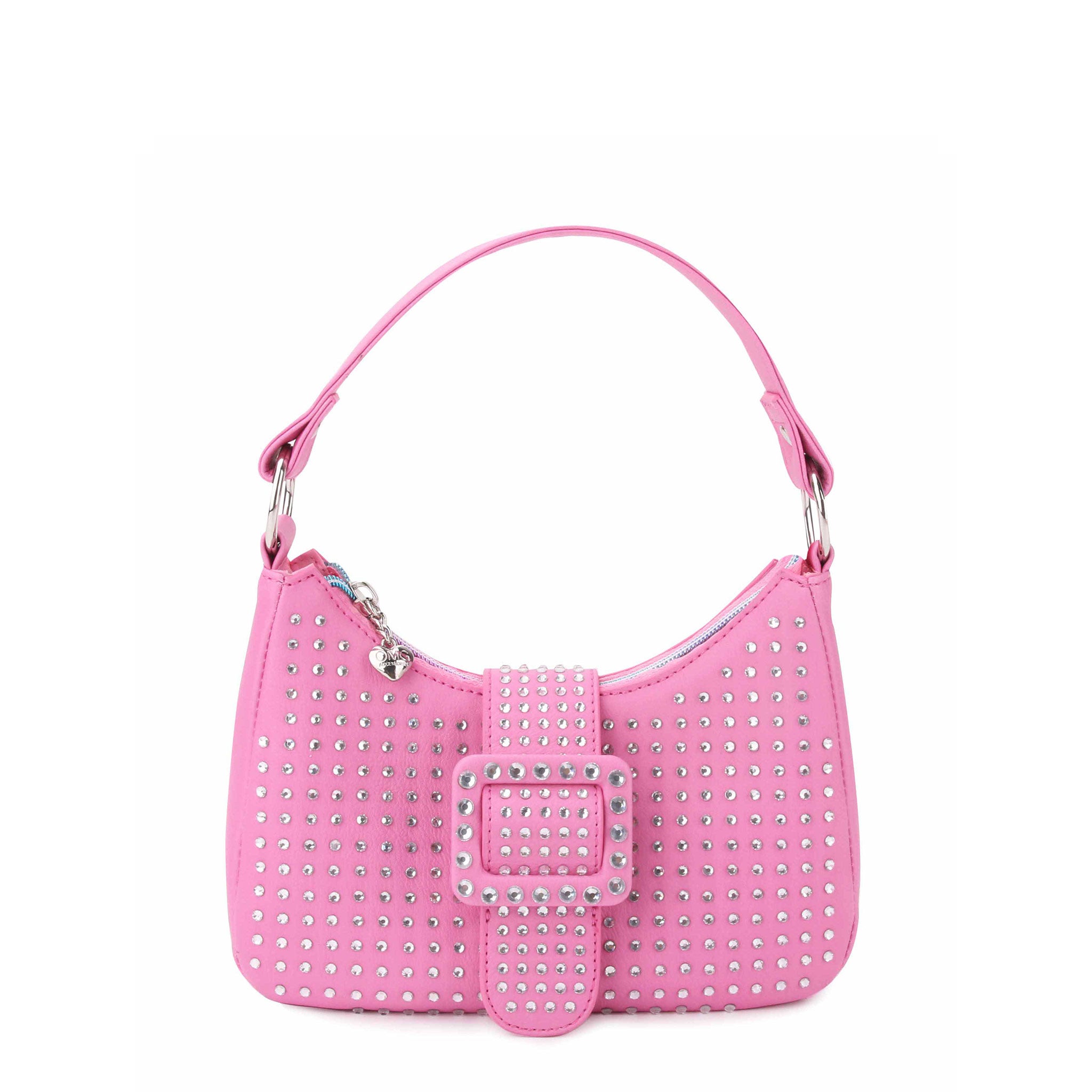Front view of pink rhinestone mini crescent bag with buckle