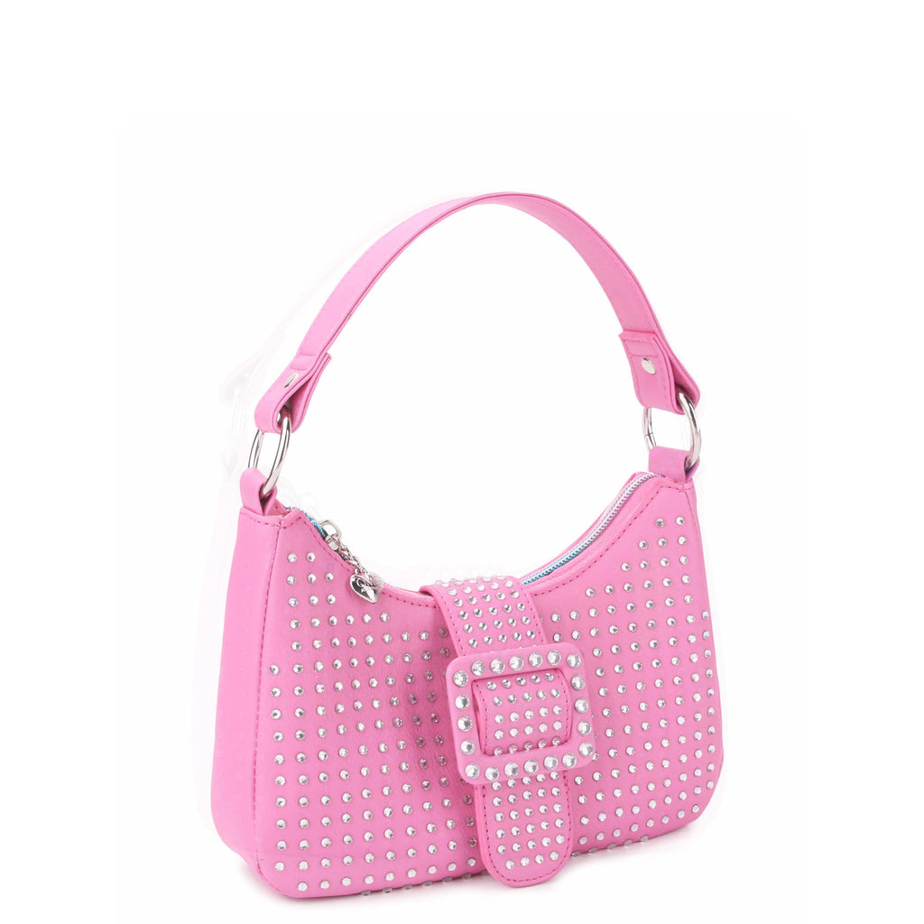 Side view of pink rhinestone mini crescent bag with buckle