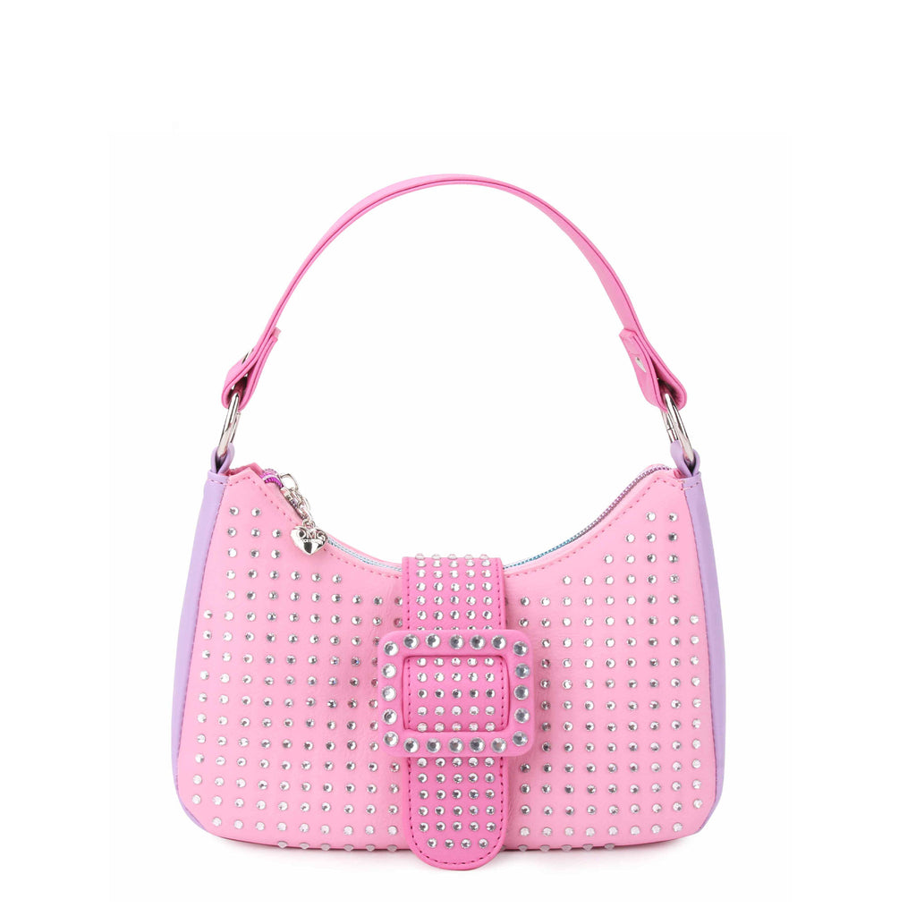 Front View of Pink and Lavender Color Block Mini Hobo Bag with Rhinestones and a Rhinestoned buckle