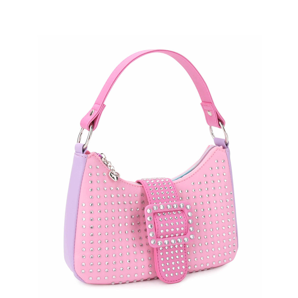 Side View of Pink and Lavender Color Block Mini Hobo Bag with Rhinestones and a Rhinestoned buckle