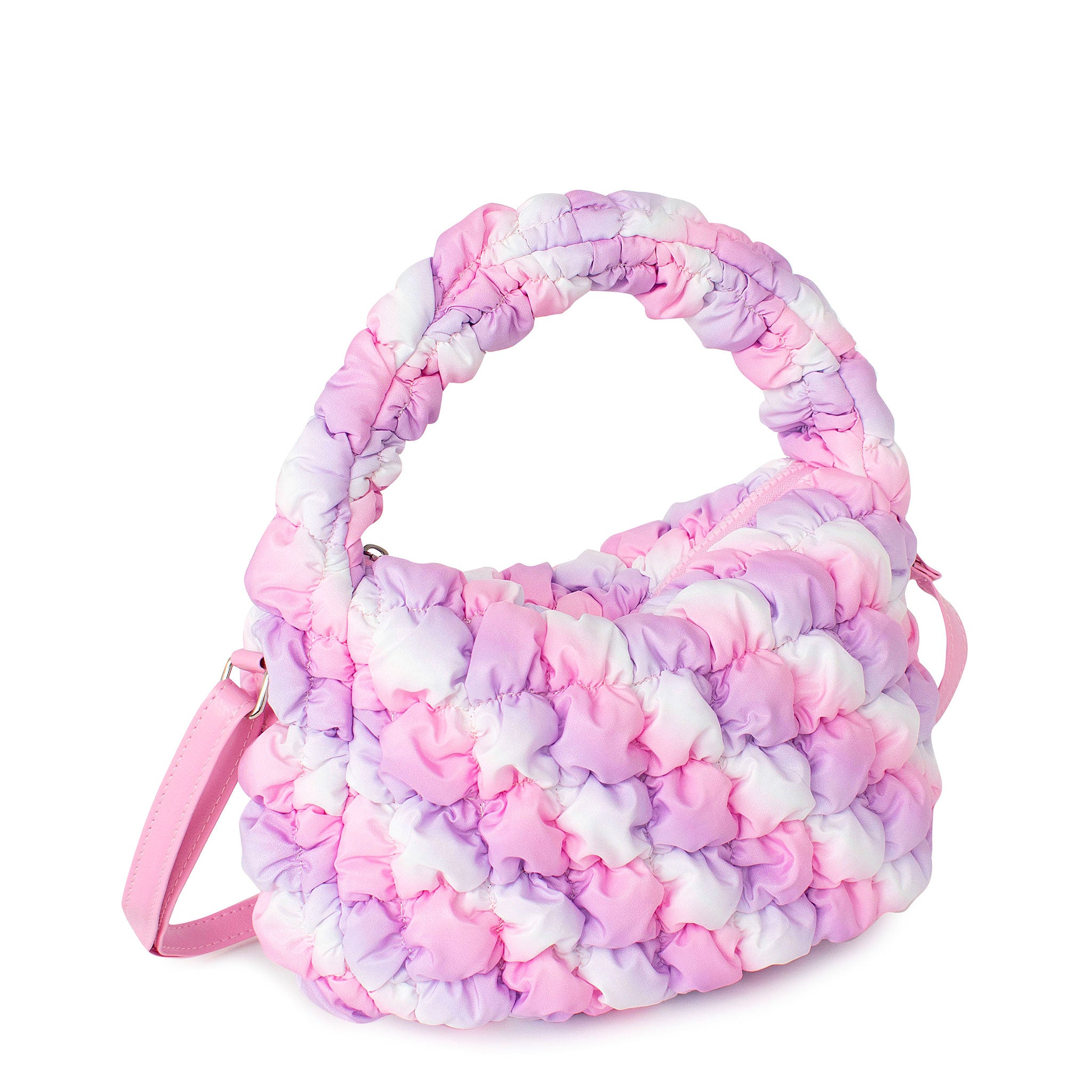 Side view of a quilted puffer ombre mini hobo crossbody bag