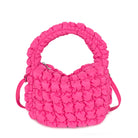 front view of a quilted puffer hot pink mini hobo crossbody bag