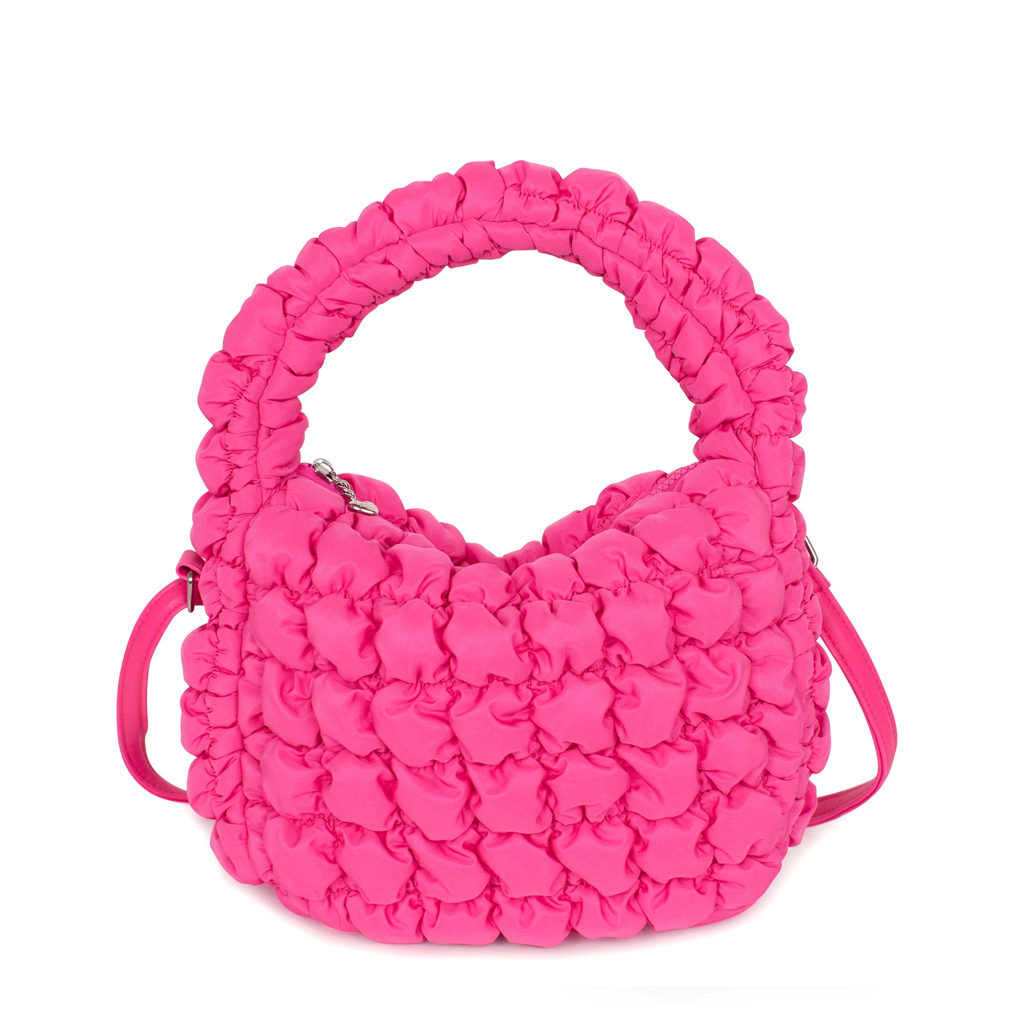 front view of a quilted puffer hot pink mini hobo crossbody bag