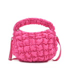 front view of a quilted puffer hot pink mini hobo crossbody bag