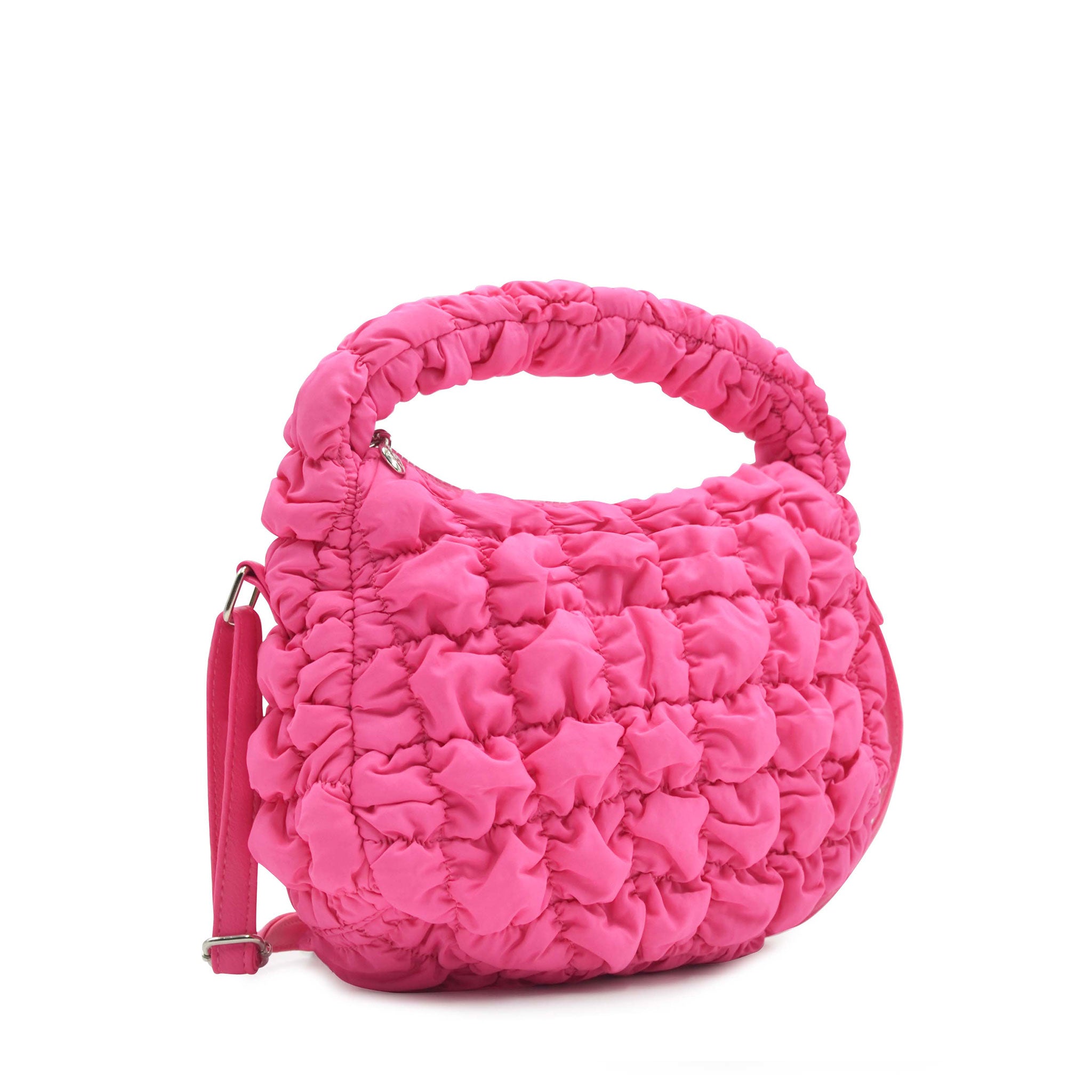 side view of a quilted puffer hot pink mini hobo crossbody bag